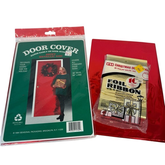 Other - Vintage Christmas Door‎ Metallic Foil Decoration Ribbon Cover 36x84 NOS Red Gold